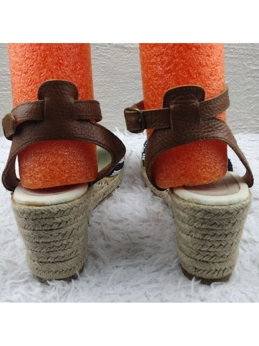 Soludos Tan Blue Embroidered Open Toe Wedged Heel Ankle Strap Espadrille Sandal